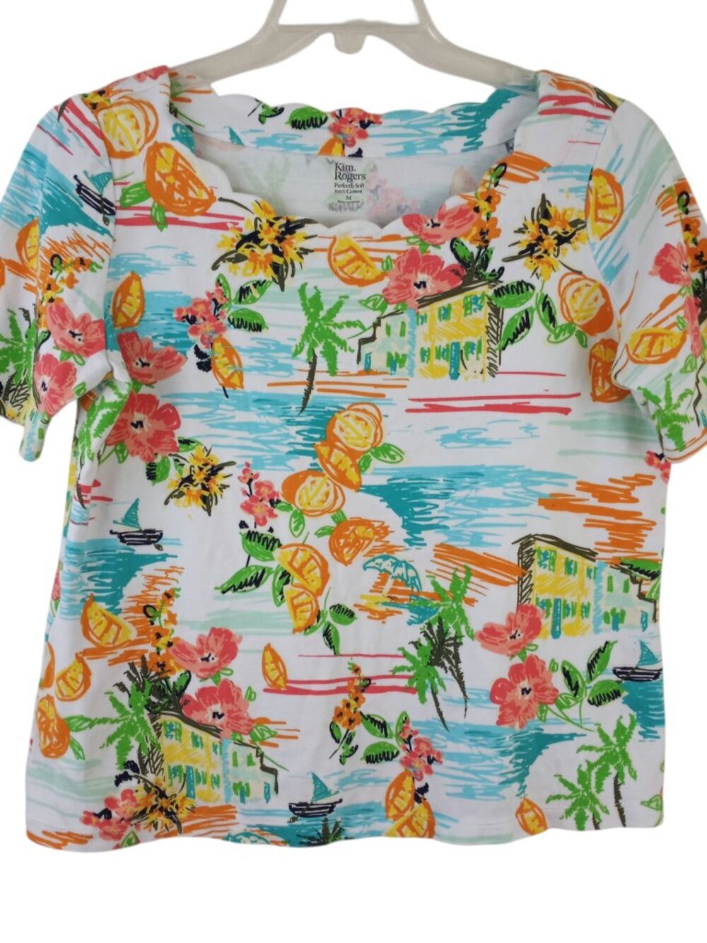 Kim Rogers Perfectly Soft Tropical Floral Scallop Neck Short Sleeve Cotton Top